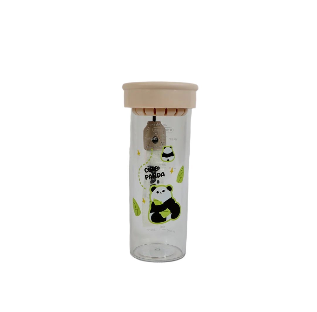 Clear plastic panda water bottle with beige lid and printed panda graphics