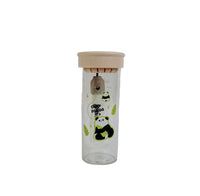 Clear plastic panda water bottle with beige lid and printed panda graphics