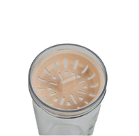 Plastic water bottle lid with beige sunburst drinking strainer insert