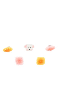 Six small pastel pins with dog and assorted pastry shapes