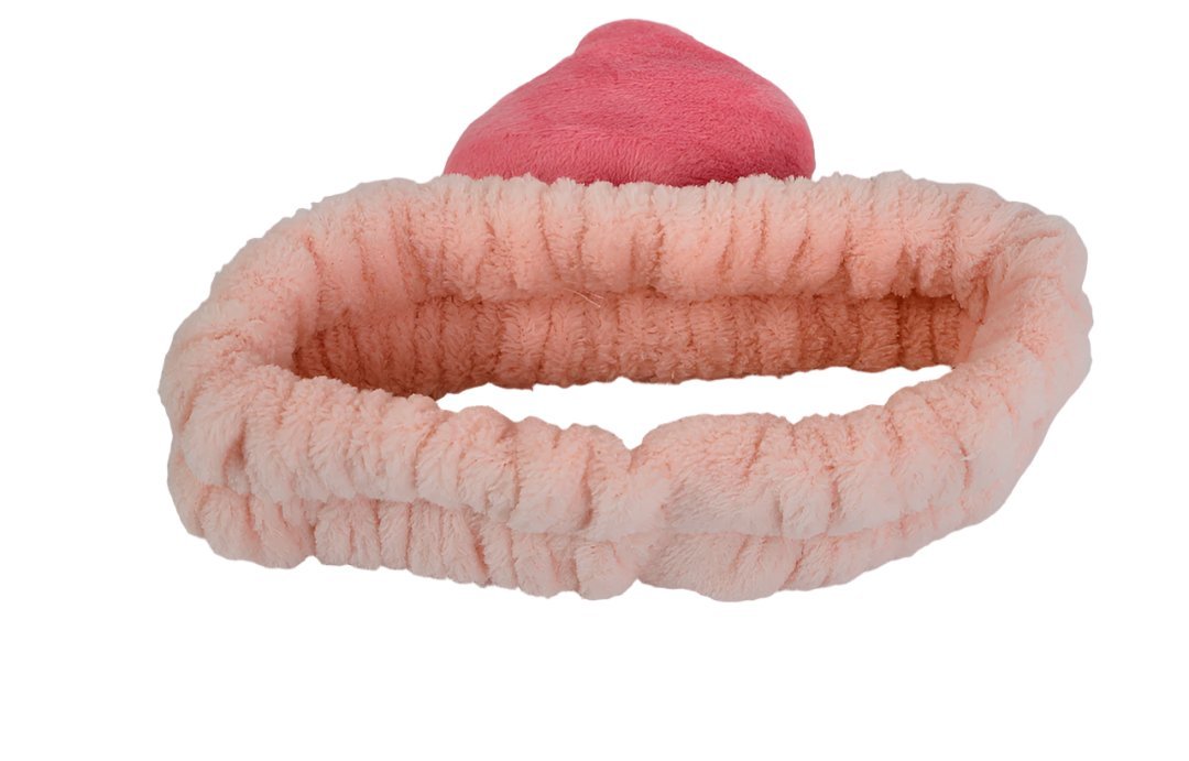 Fuzzy peach-themed headband with light pink band and pink peach slice