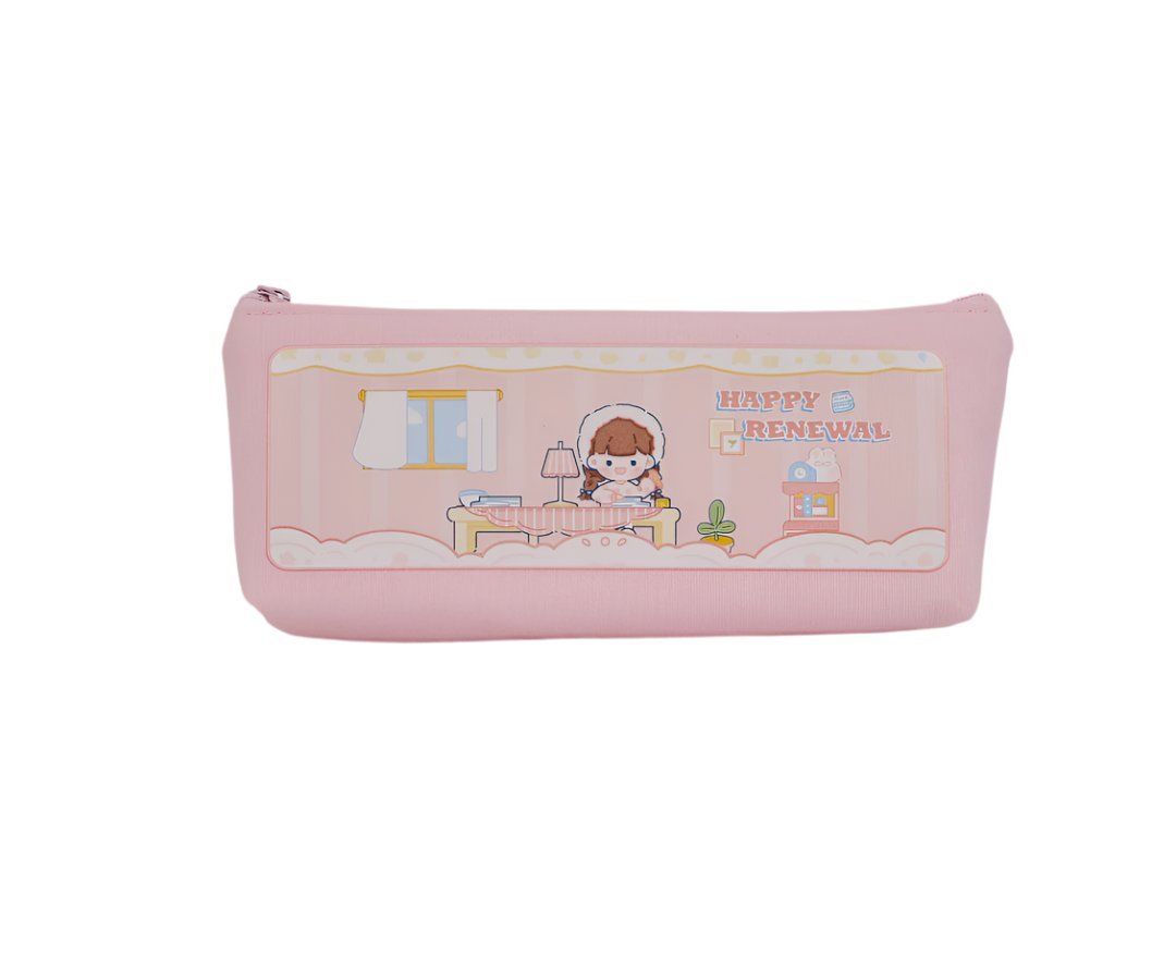 Pink pencil case with wide zipper and horizontal scene print, doll character and window details.