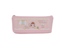 Pink pencil case with wide zipper and horizontal scene print, doll character and window details.
