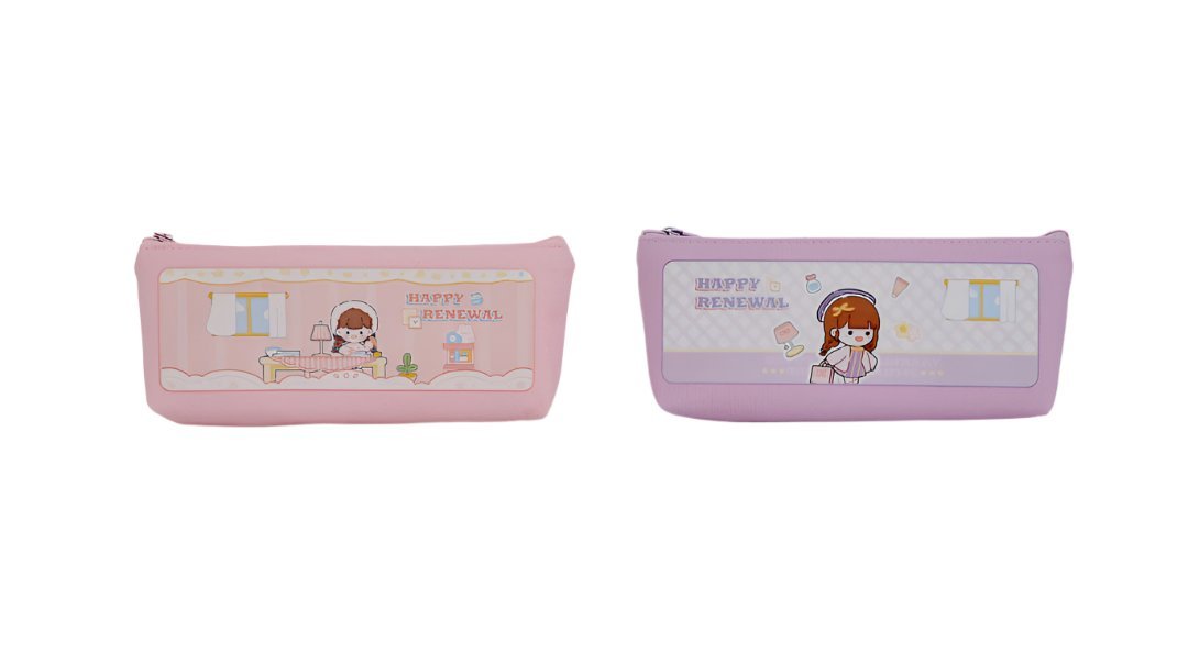 Set of two pink and violet pencil cases with zipper and cartoon character front prints.