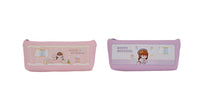 Set of two pink and violet pencil cases with zipper and cartoon character front prints.