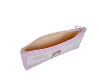 Pink pencil case side view with zipper and beige interior, cartoon art on front panel.