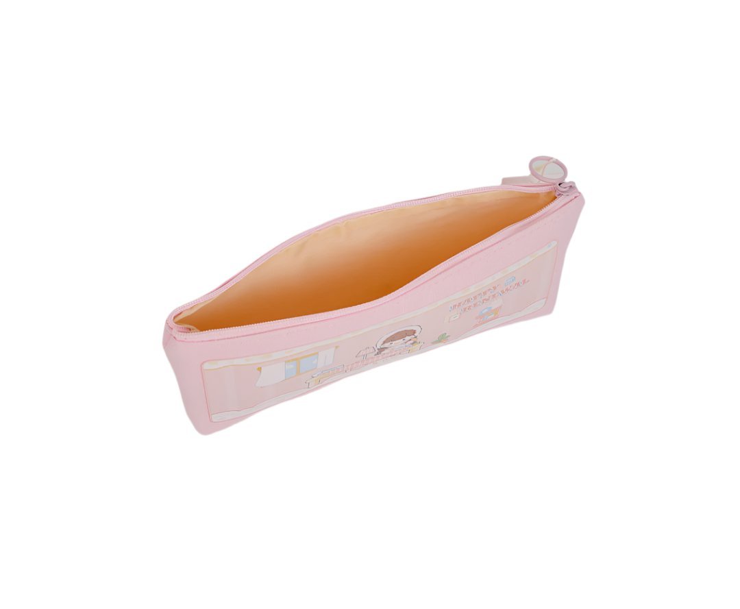 Pink pencil case angled view showing beige interior and zipper, character illustration strip.