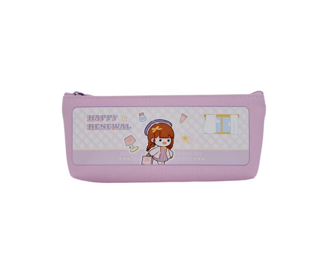 Pink pencil case with zipper, cartoon character panel and playful text graphics on front.