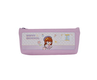 Pink pencil case with zipper, cartoon character panel and playful text graphics on front.