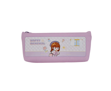 Pink pencil case with zipper, cartoon character panel and playful text graphics on front.