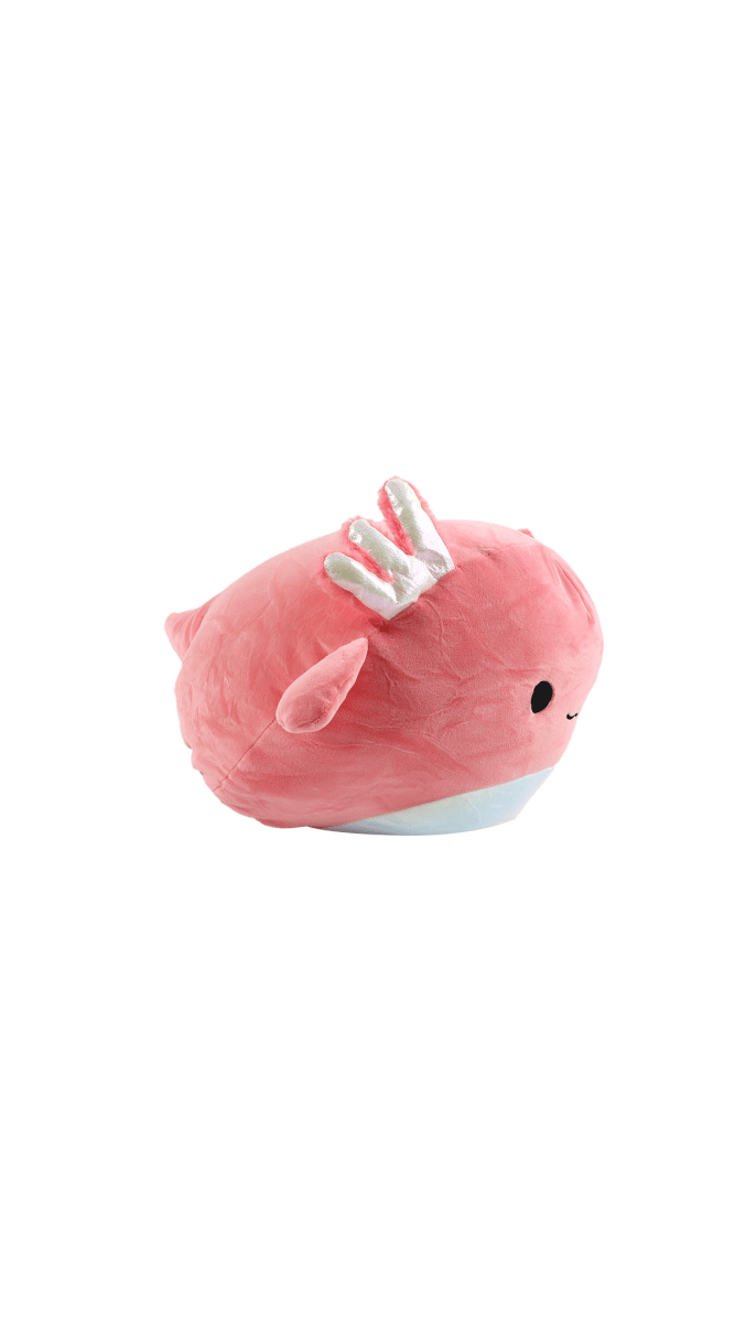 Pink axolotl plush pillow, side view with curled hands and one eye