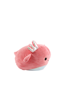 Pink axolotl plush pillow, side view with curled hands and one eye