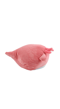 Pink axolotl plush pillow, lying back view with fin and tail