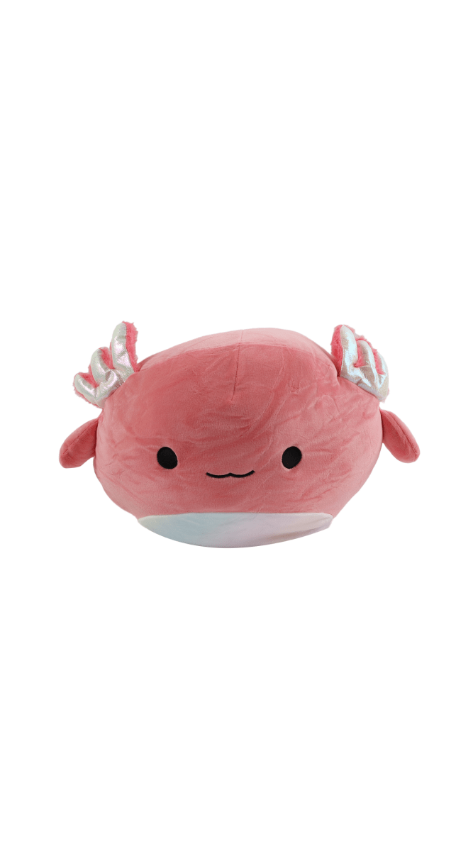 Pink axolotl plush pillow with smiling face and small fins