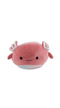 Pink axolotl plush pillow with smiling face and small fins