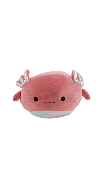 Pink axolotl plush pillow with smiling face and small fins