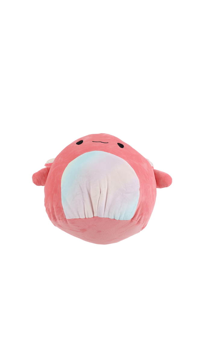 Pink axolotl plush pillow with white belly panel and closed eyes