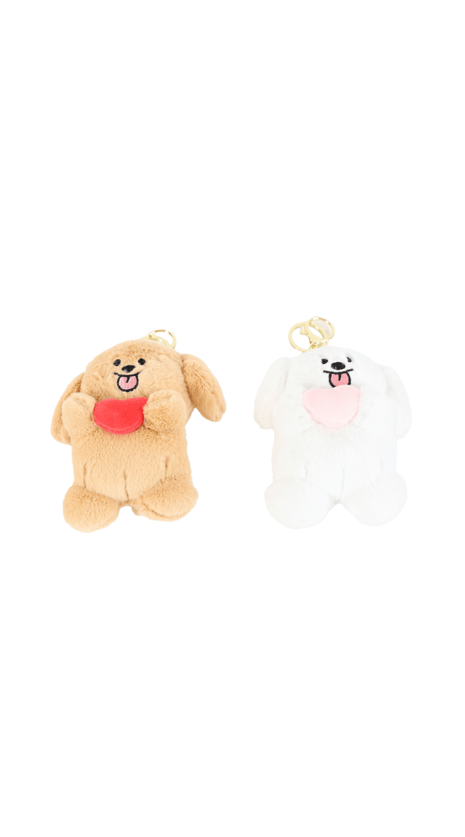 Set of plush dog keychains, tan and white, each with smiling face and red heart