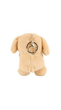 Tan plush dog keychain with metal key ring on the back