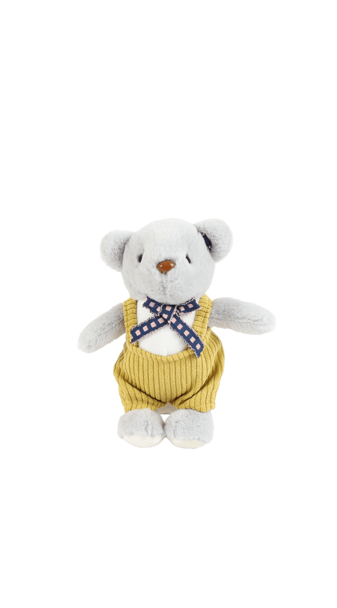 Plush teddy bear keychain with light gray fur, yellow knitted outfit, blue bow tie