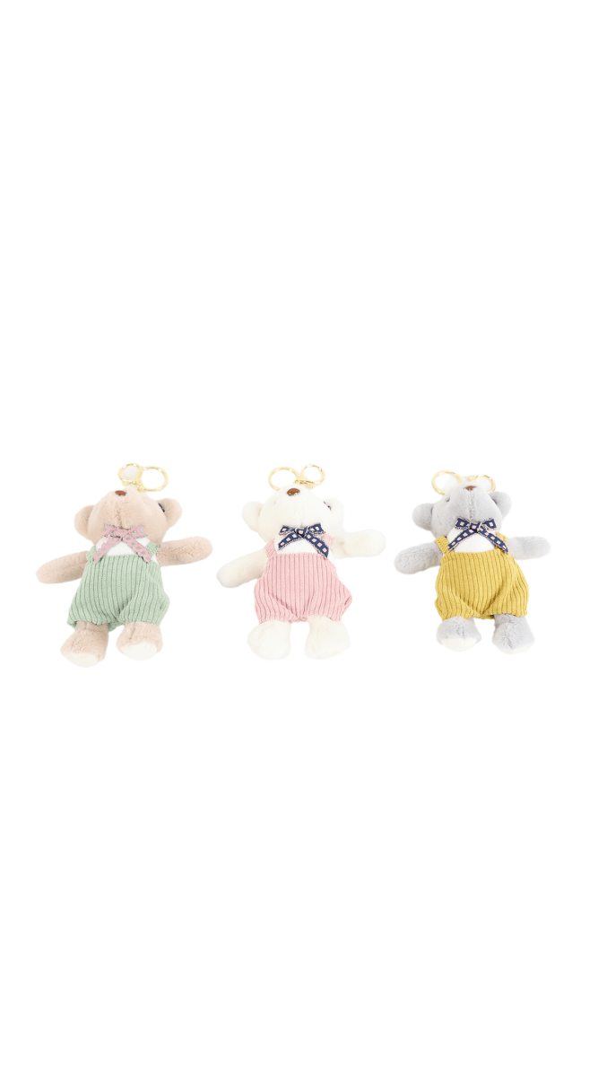 Plush teddy bear keychains set with mint green, pink, and yellow knitted outfits and bow details
