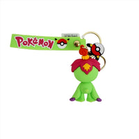 PVC keychain with a green character in a pink hood attached to a metal key ring