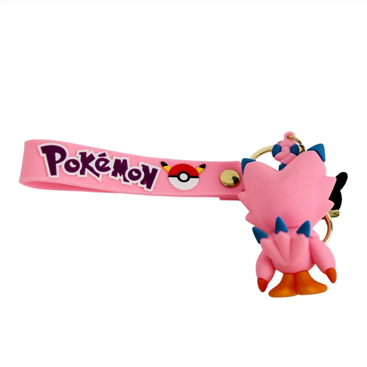 PVC keychain with a pink character figure on a pink strap and metal key ring