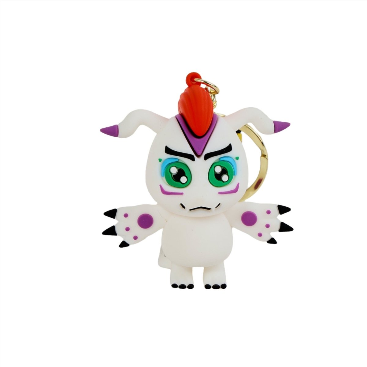 PVC character keychain with gold ring and red clip, white and purple figure