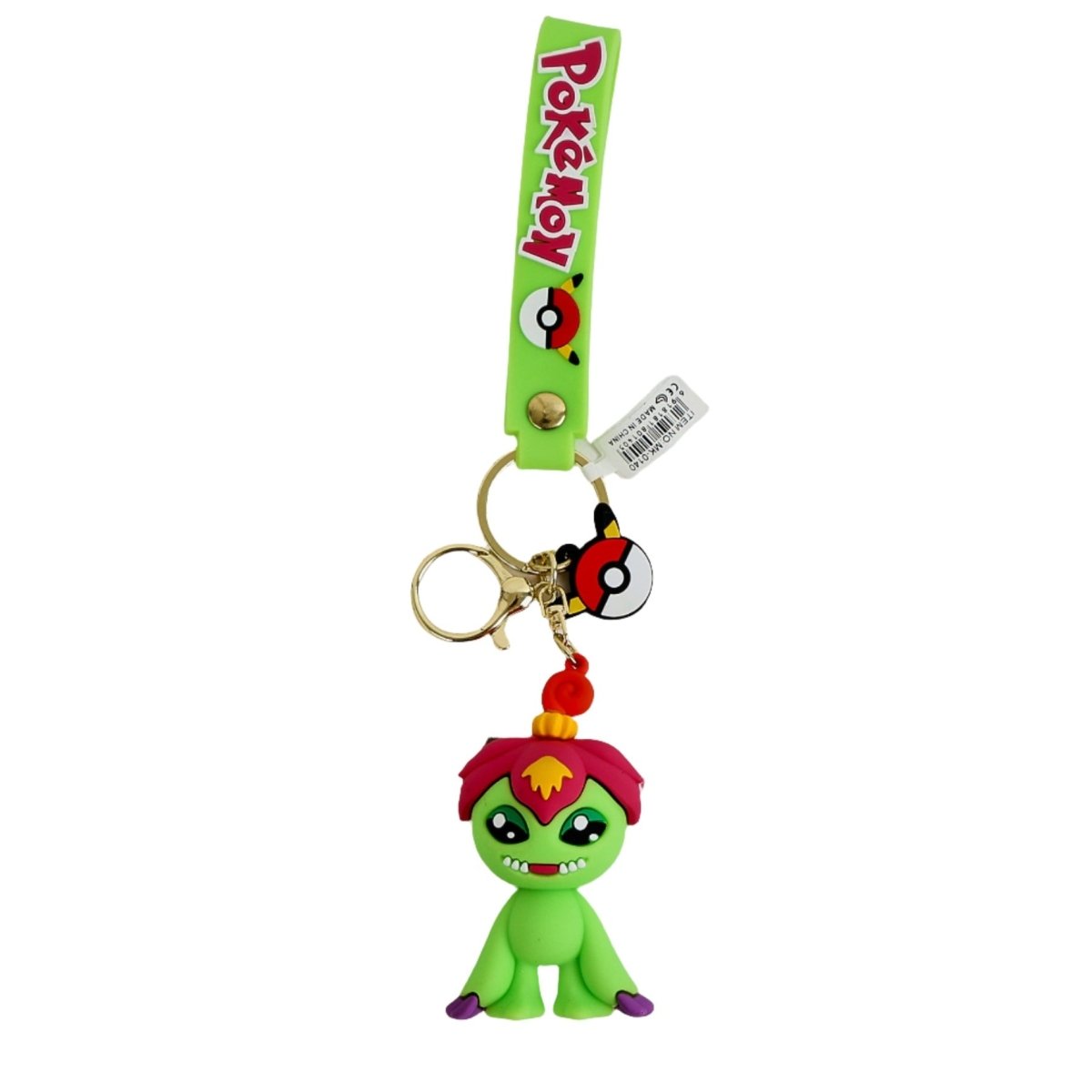 PVC keychain with a green character in a pink hood on a metal key ring