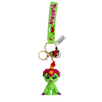 PVC keychain with a green character in a pink hood on a metal key ring