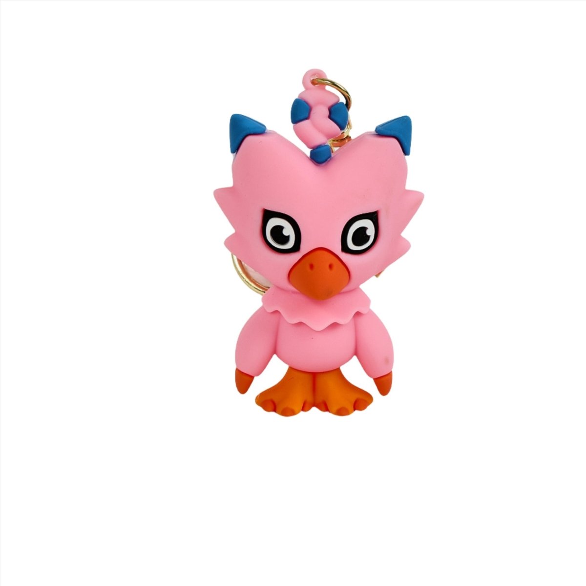 PVC keychain with a pink pig-like character with blue ears and metal key ring