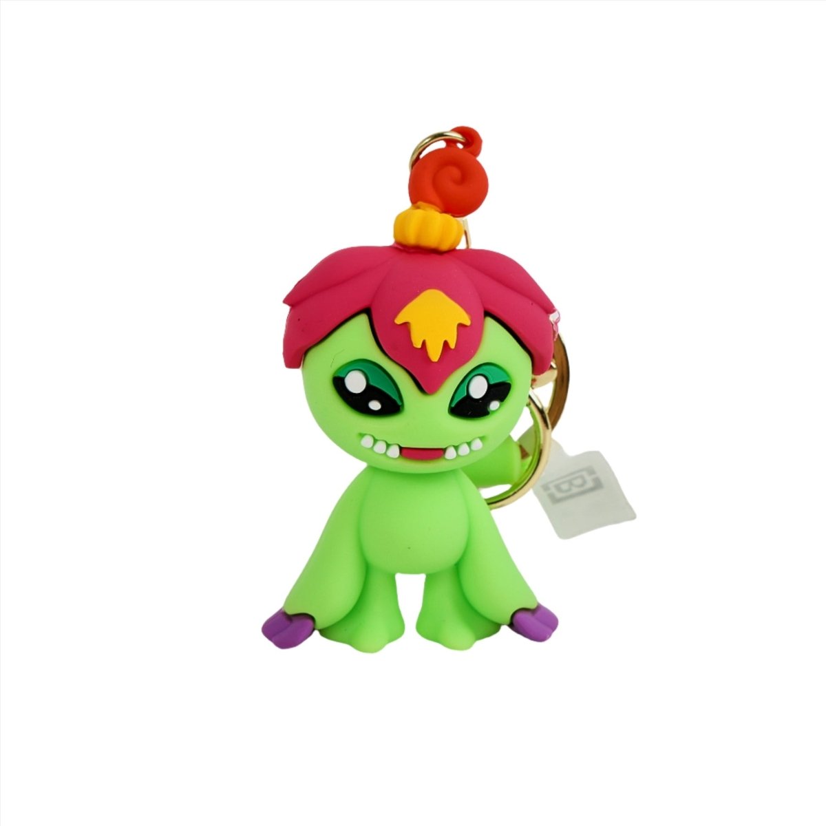 PVC keychain with a green character wearing a pink spiky hood and metal key ring
