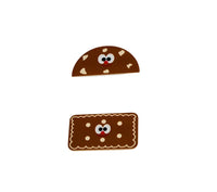 Brown cookie-themed pencil case with smiling cookie face and scalloped cookie panel.