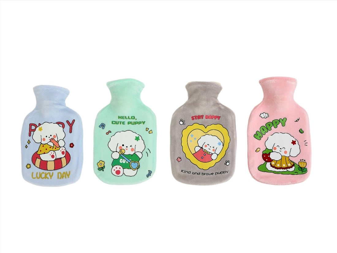 Cute puppy small hot water bottle 350 ml, four pastel covers with cartoon puppies: blue, teal, gray, pink