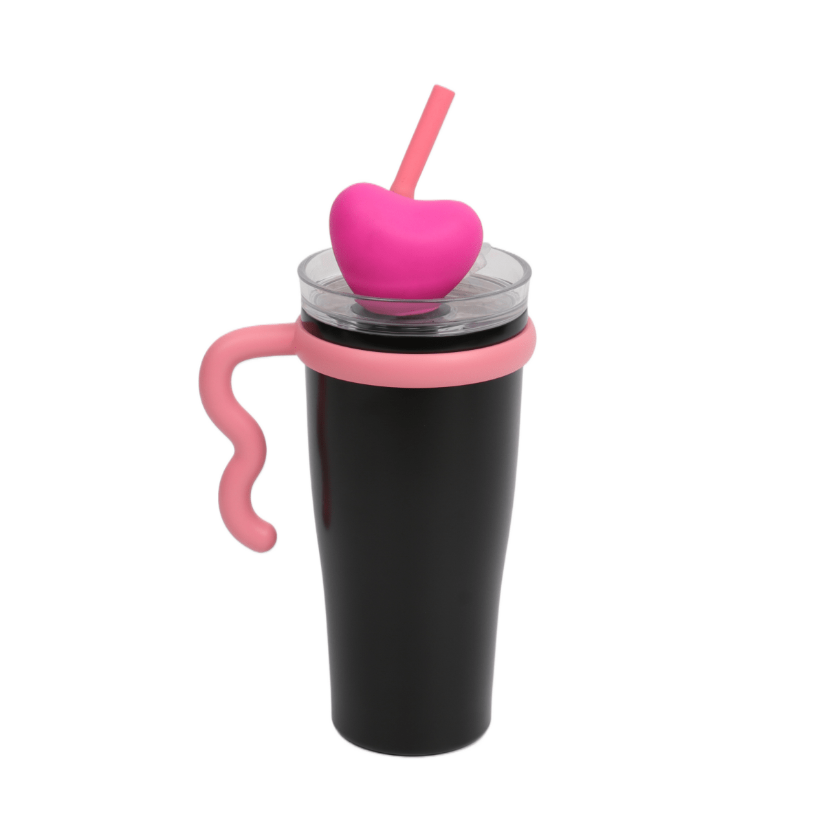 Insulated tumbler side view with pink handle, clear lid, pink straw and heart topper.