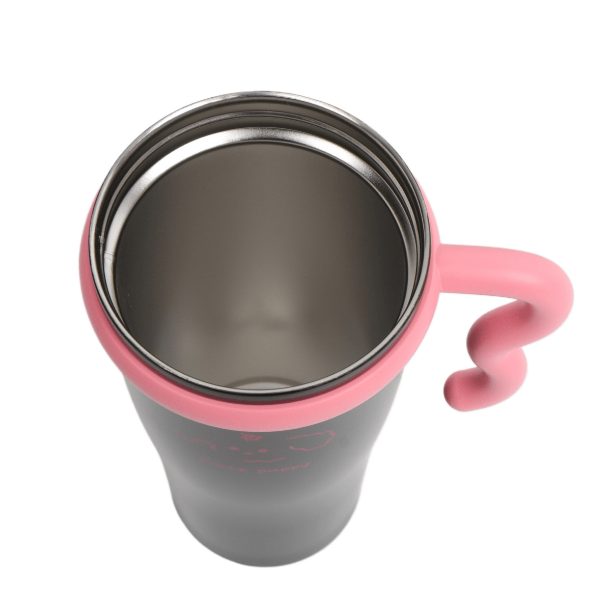 Insulated tumbler interior view with dark lining and pink rim, side handle.