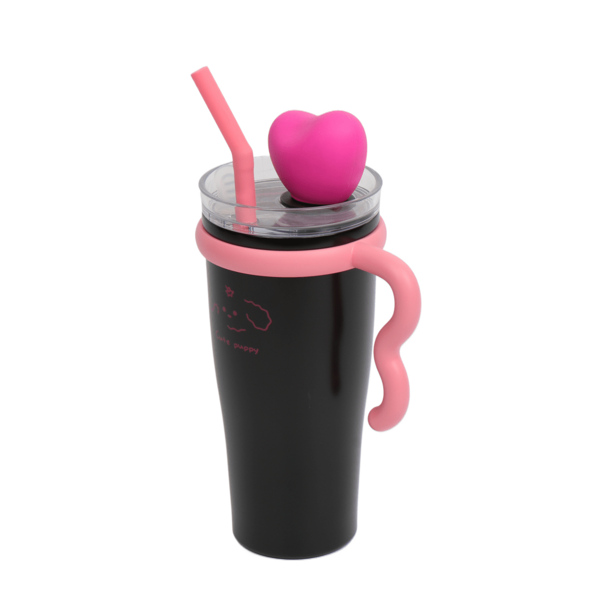 Insulated tumbler angled view with pink heart topper, straw, clear lid and side handle.