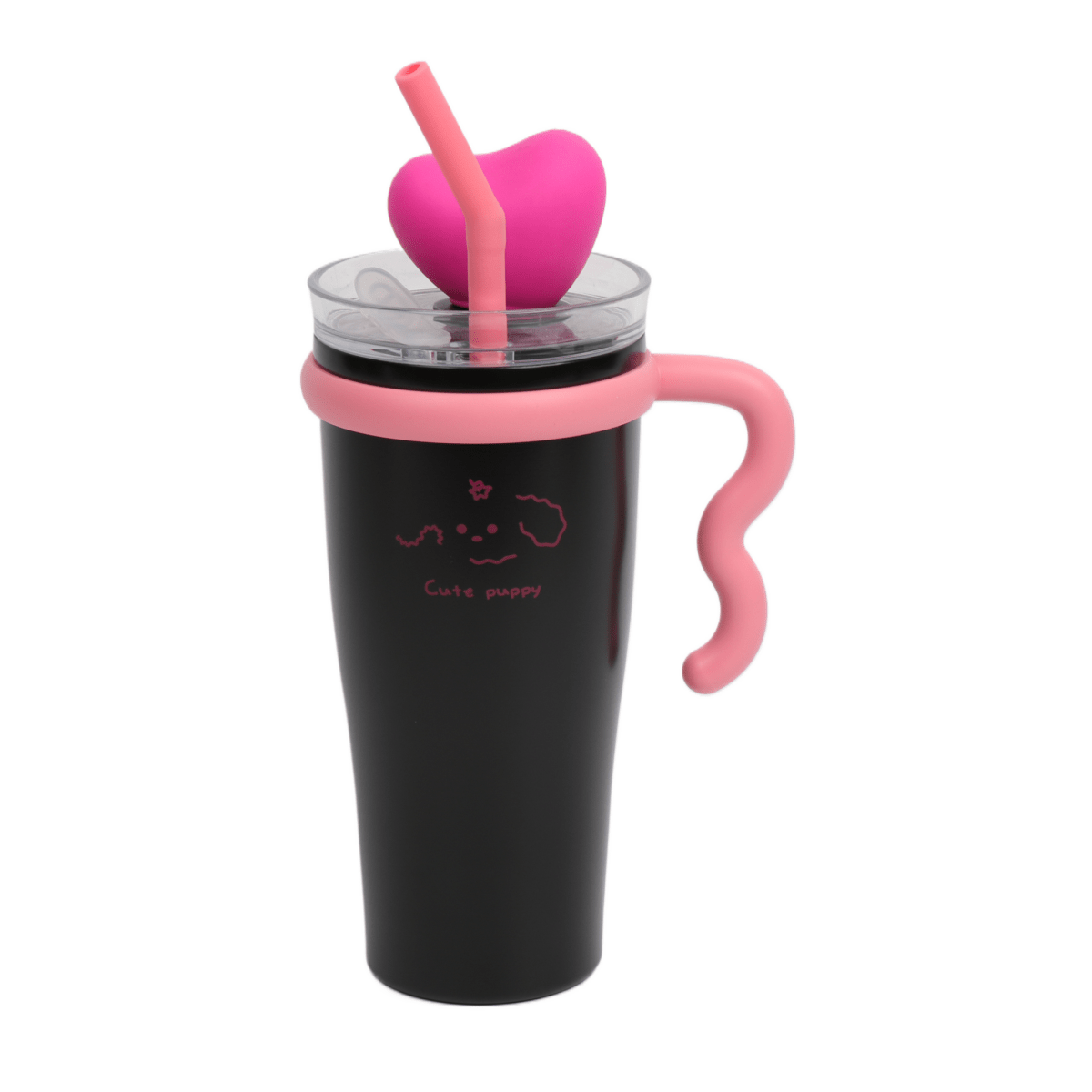 Insulated tumbler front view with clear lid, pink straw, heart topper and side handle.