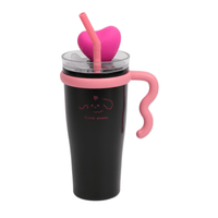 Insulated tumbler front view with clear lid, pink straw, heart topper and side handle.