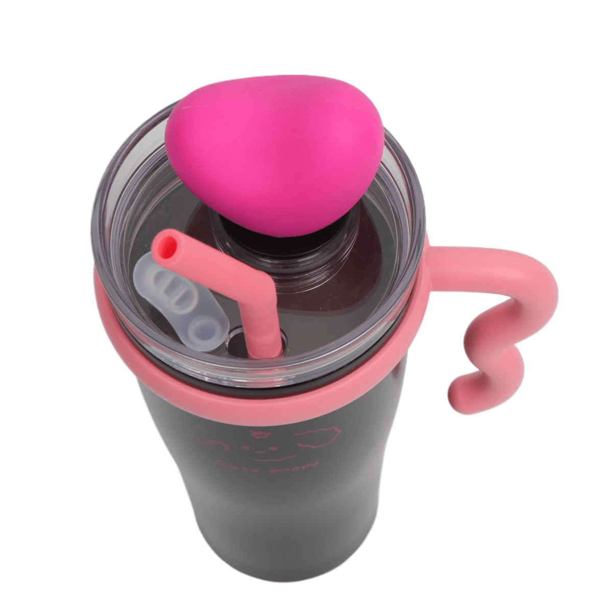 Insulated tumbler top view: clear lid, pink heart topper, pink straw and tab handle.