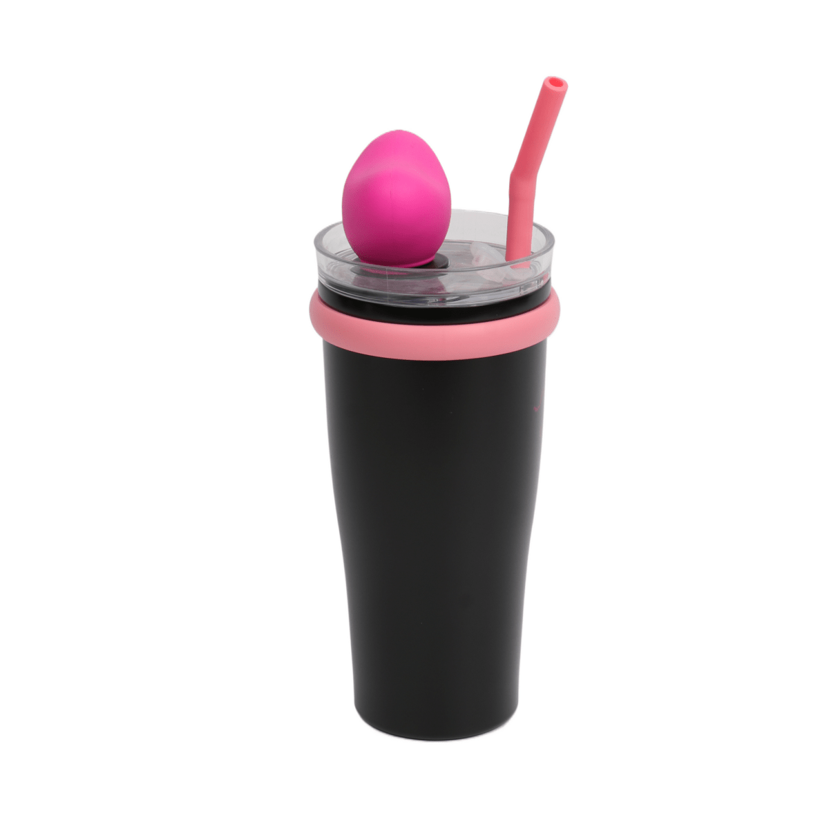Insulated tumbler with clear lid, pink heart topper and straight straw, black body.