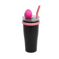 Insulated tumbler with clear lid, pink heart topper and straight straw, black body.
