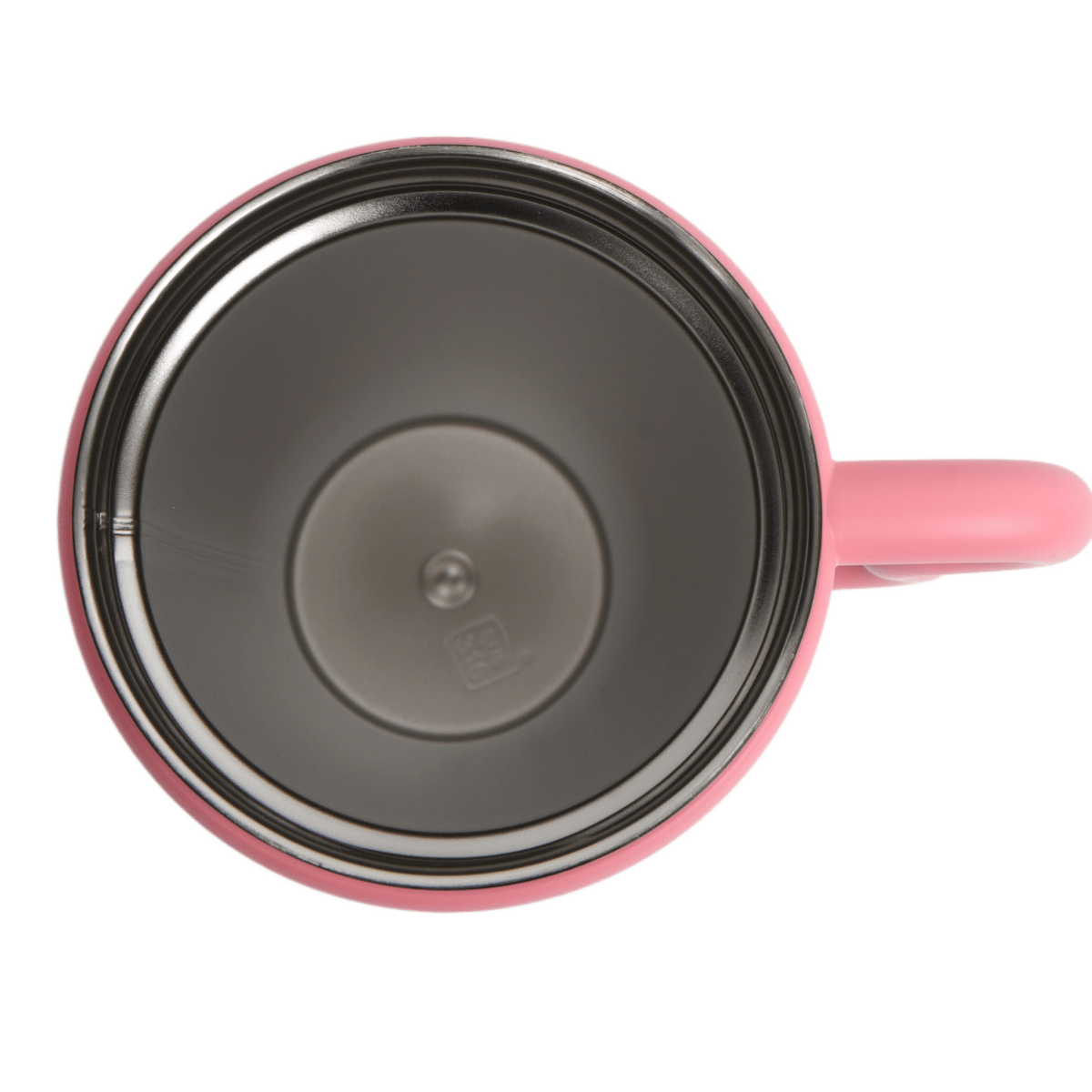 Insulated tumbler lid underside with circular base and pink rim.