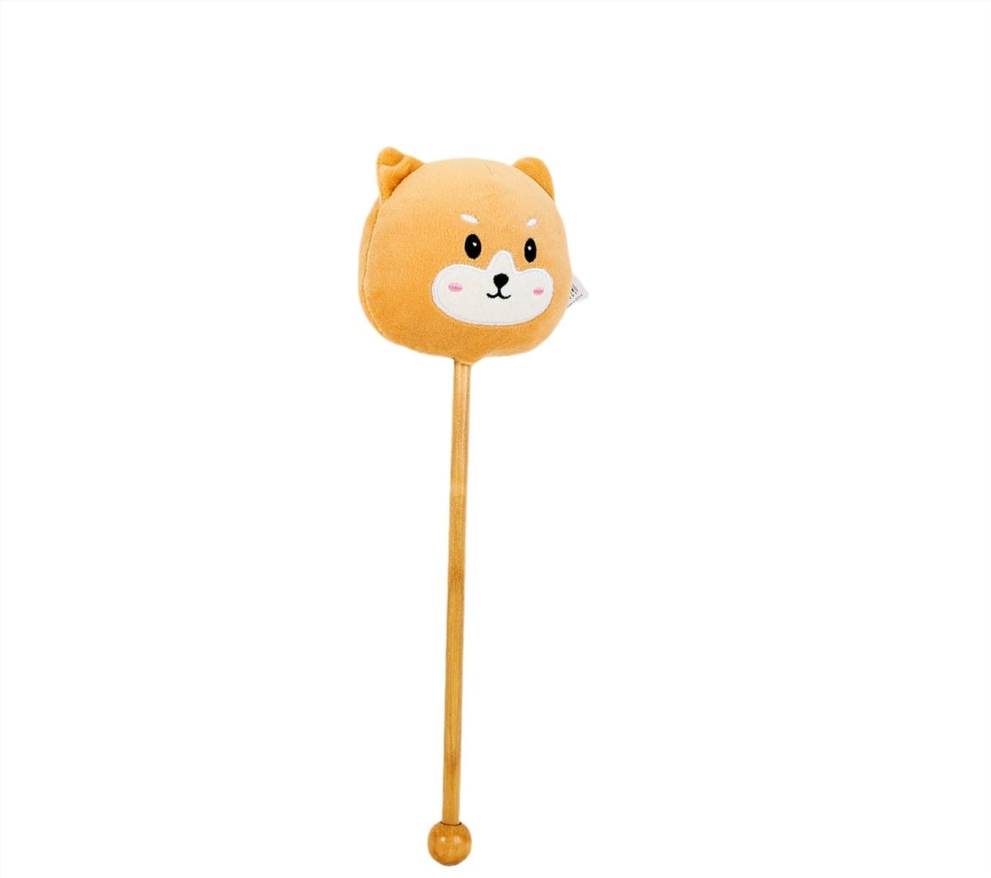 Plush puppy toy stick with orange puppy head and wooden handle