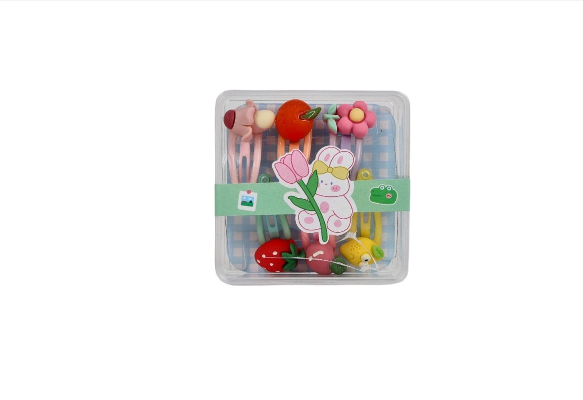 Children's hair clip set in clear box with rabbit and tulip flower-shaped clips