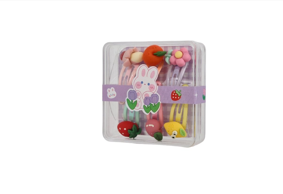 Children's hair clip set in clear box with rabbit face and garden fruit clip mix