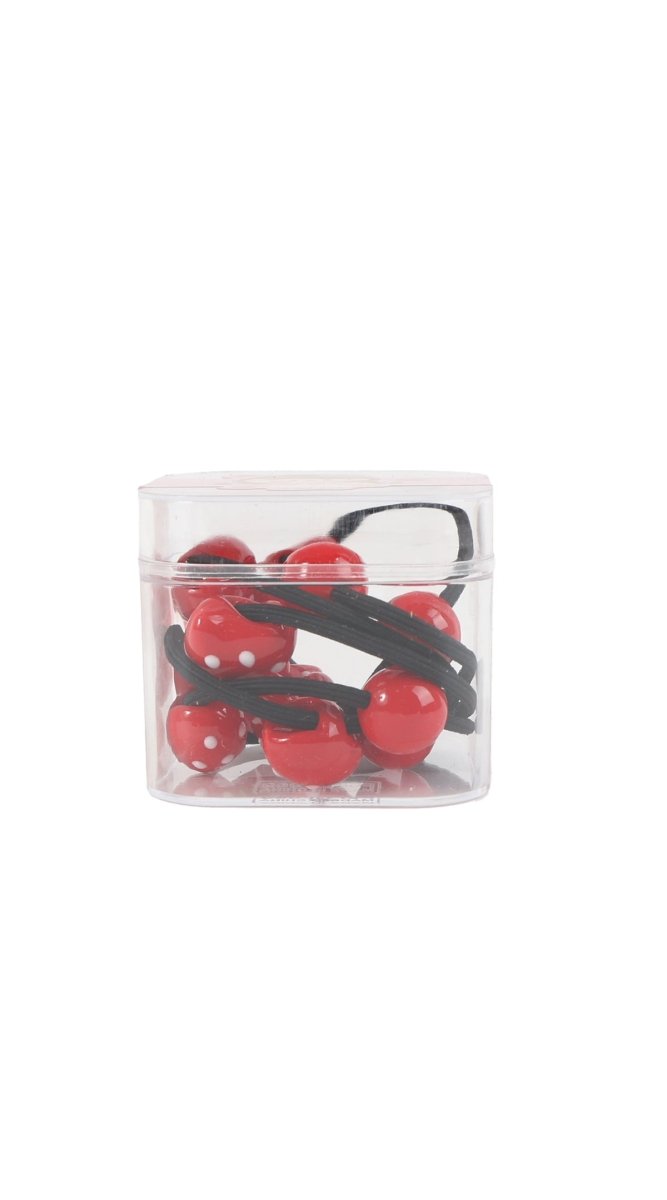 Set of elastic hair ties with red beads and bow charms in clear pouch