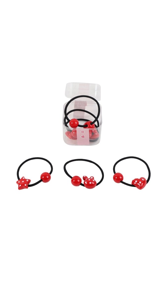 Elastic hair ties with black bands, red beads, and bow charms (three shown)