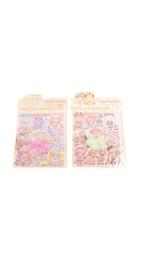 Two pastel sticker sheets with cartoon character icons and bubble-style 3D accents
