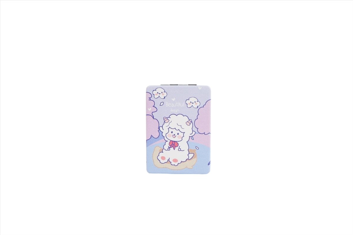 Lavender sheep compact mirror with cloud and flower pattern on cover
